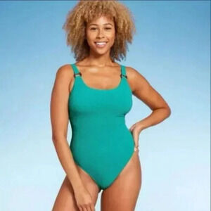 Shade & Shore Square Neck Pucker High Leg One Piece Swimsuit Teal Green L 12-14